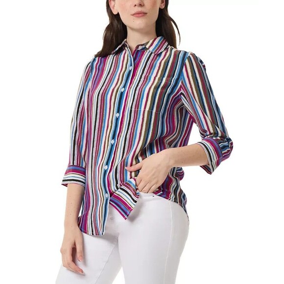 Jones New York Petite Striped 3/4-Sleeve Shirt,  Jones Black, PS - Picture 1 of 3